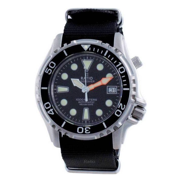 Ratio Free Diver Helium Safe Nylon Automatic Diver's Watch 1066KE20-33VA-BLK-var-NATO4 1000M Men's Black
