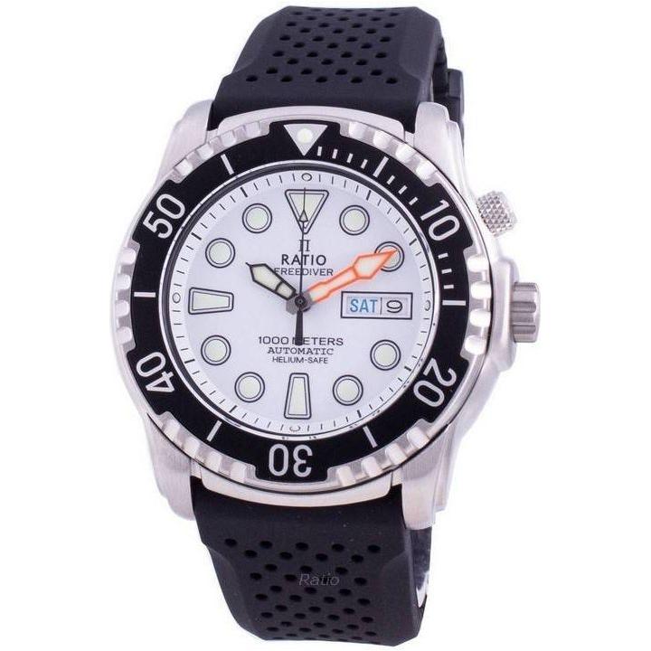 Ratio FreeDiver Helium-Safe 1000M Sapphire Automatic Men's Watch - Model 1068HA90-34VA-WHT, Stainless Steel Case, Black Silicon Strap, White Dial