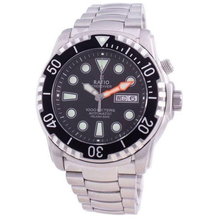 Ratio FreeDiver Helium-Safe 1000M Sapphire Automatic 1068HA96-34VA-BLK Men's Watch - Stainless Steel Bracelet, Black Dial