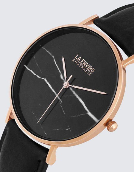 Rose Gold Marble Watch With Pineapple Leather Black Strap I 40 MM-0
