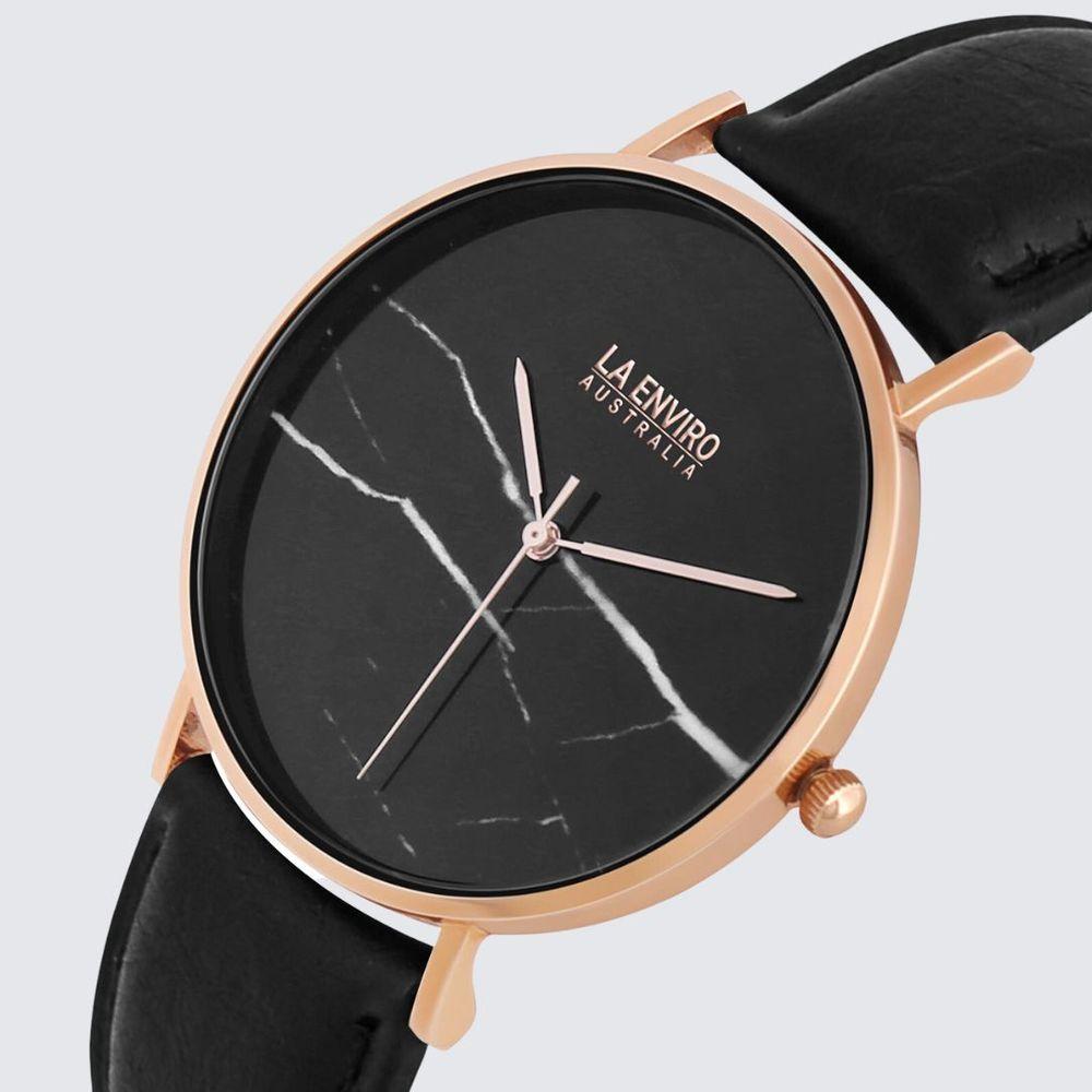 Rose Gold Marble Watch With Pineapple Leather Black Strap I 40 MM-0