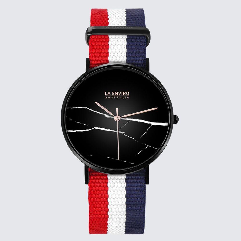 Black Marble Watch With Red, Blue & White Nato Strap I 40 MM-1