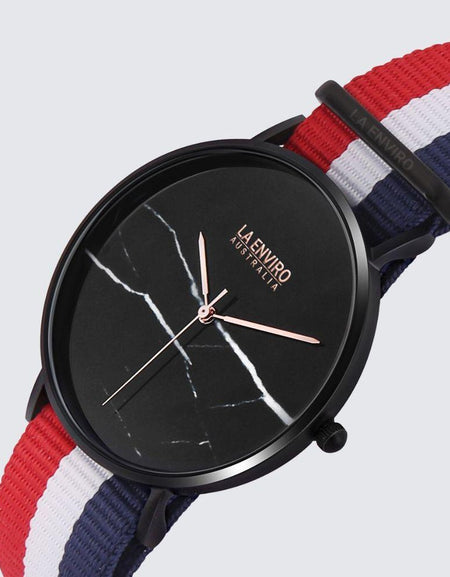Black Marble Watch With Red, Blue & White Nato Strap I 40 MM-0