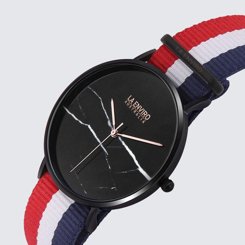 Load image into Gallery viewer, Black Marble Watch With Red, Blue &amp; White Nato Strap I 40 MM-0
