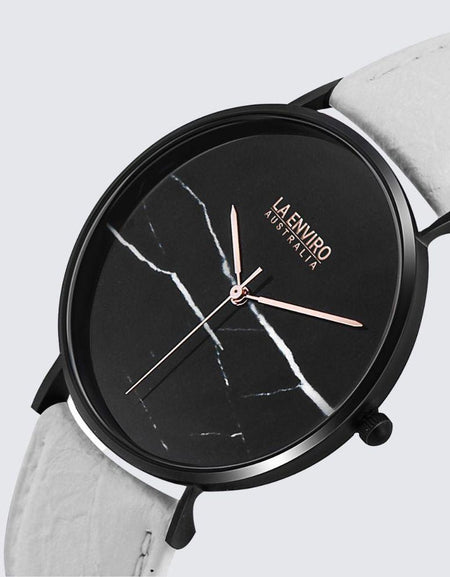 Black Marble Watch With White Pineapple Leather Strap I 40 MM-0