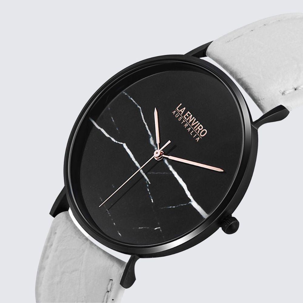 Black Marble Watch With White Pineapple Leather Strap I 40 MM-0