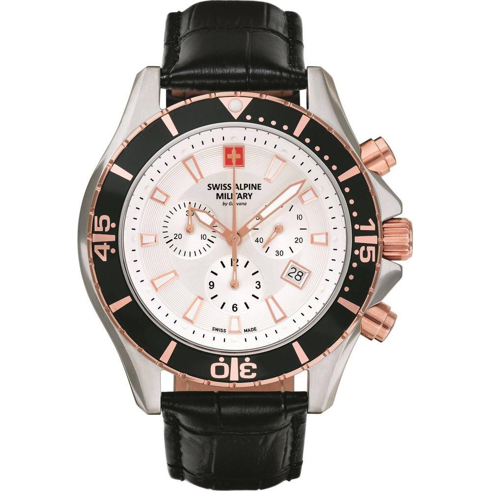 Swiss Alpine Military By Grovana Nautilus Chronograph 7040.9552 Rose Gold Men's Watch with White Dial and Leather Strap