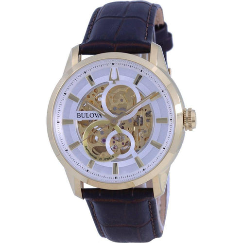 Load image into Gallery viewer, Sutton Skeleton White Dial Leather Strap Automatic Men&#39;s Watch - Model SSW-001, Gold Tone
