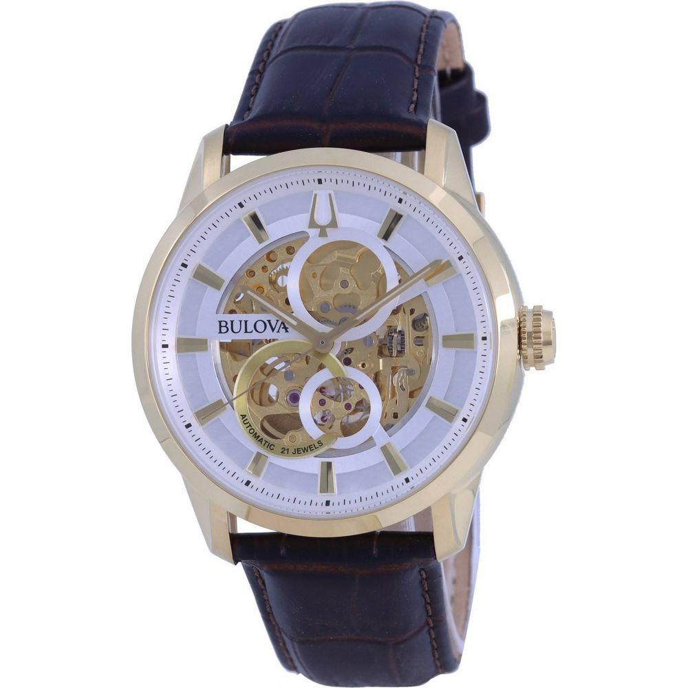 Sutton Skeleton White Dial Leather Strap Automatic Men's Watch - Model SSW-001, Gold Tone
