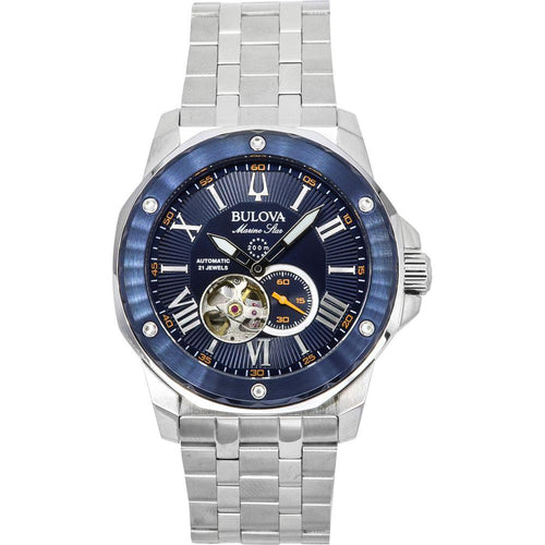 Load image into Gallery viewer, Bulova Men&#39;s Stainless Steel Open Heart Blue Dial Automatic Watch - Model 82S5
