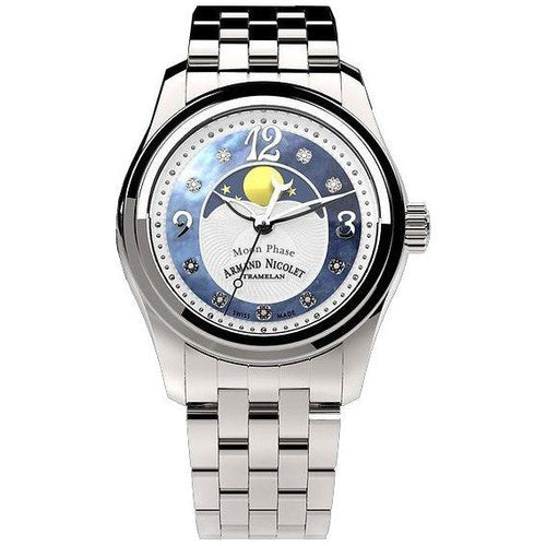 Load image into Gallery viewer, Armand Nicolet Women&#39;s Tramelan M03 Diamond Accents Moon Phase Watch, Model A151QAA-AK-MA150, Blue Mother of Pearl Dial

