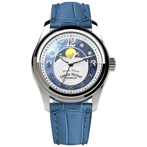 Load image into Gallery viewer, Armand Nicolet Tramelan M03 Diamond Moon Phase Watch - Women&#39;s, Blue Mother of Pearl Dial, A151QAA-AK-P882LV8
