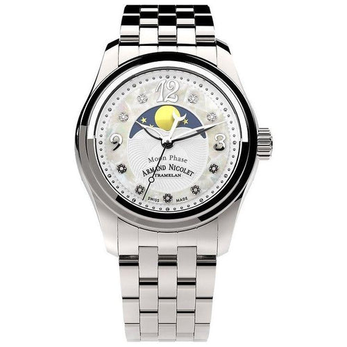 Load image into Gallery viewer, Armand Nicolet Women&#39;s M03 Diamond Accents Moon Phase Watch, A151QAA-AN-MA150, Stainless Steel, White Mother Of Pearl Dial
