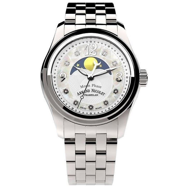 Armand Nicolet Women's M03 Diamond Accents Moon Phase Watch, A151QAA-AN-MA150, Stainless Steel, White Mother Of Pearl Dial
