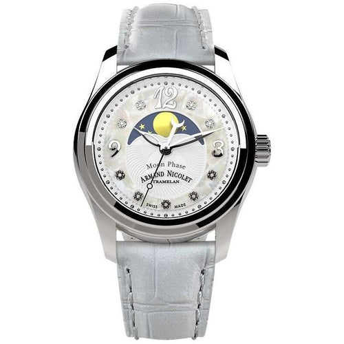 Load image into Gallery viewer, Armand Nicolet Women&#39;s M03 Diamond Accents Moon Phase Watch A151QAA-AN-P882BC8 White
