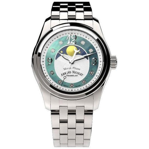 Load image into Gallery viewer, Armand Nicolet Tramelan M03 Women&#39;s Diamond Accents Moon Phase Watch, A151QAA-AV-MA150, Green Mother Of Pearl Dial
