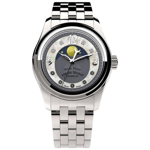 Load image into Gallery viewer, Armand Nicolet Women&#39;s M03 Diamond Accents Moon Phase Watch - Grey Mother Of Pearl Dial (A151QAA-GN-MA150)
