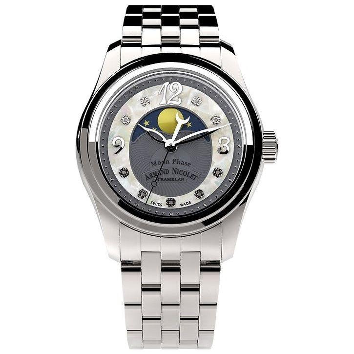 Armand Nicolet Women's M03 Diamond Accents Moon Phase Watch - Grey Mother Of Pearl Dial (A151QAA-GN-MA150)