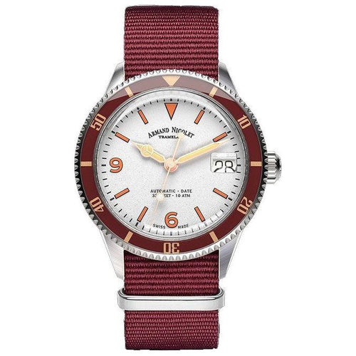 Load image into Gallery viewer, Armand Nicolet Tramelan Men&#39;s Silver Dial Automatic Watch A500AXAA-AS-BN19500AABX - Burgundy Nylon Strap
