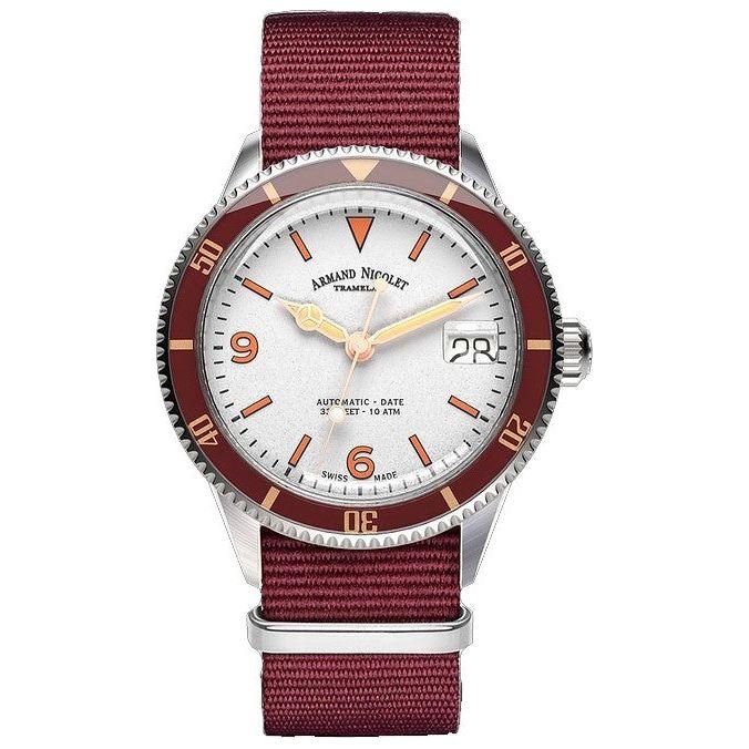 Armand Nicolet Tramelan Men's Silver Dial Automatic Watch A500AXAA-AS-BN19500AABX - Burgundy Nylon Strap