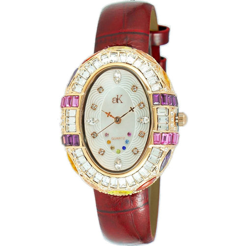 Load image into Gallery viewer, Adee Kaye Women&#39;s Crystal Accents White Mother Of Pearl Dial Watch AK2113-LRG, Red Leather Strap

Introducing the Adee Kaye Crown Collection Crystal Accents White Mother Of Pearl Dial Quartz AK2113-LRG Women&#39;s Watch with Red Leather Strap
