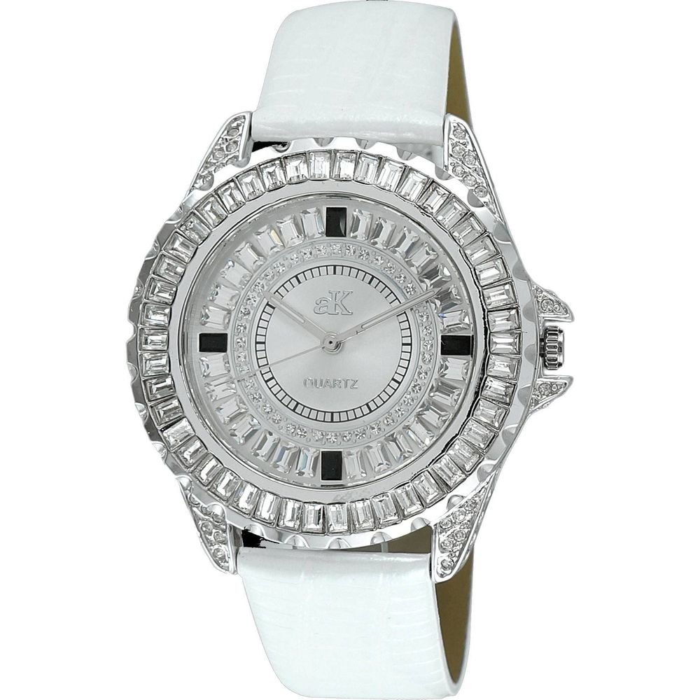 Adee Kaye Women's Crystal Accents Silver Watch AK2727-S White Leather Strap