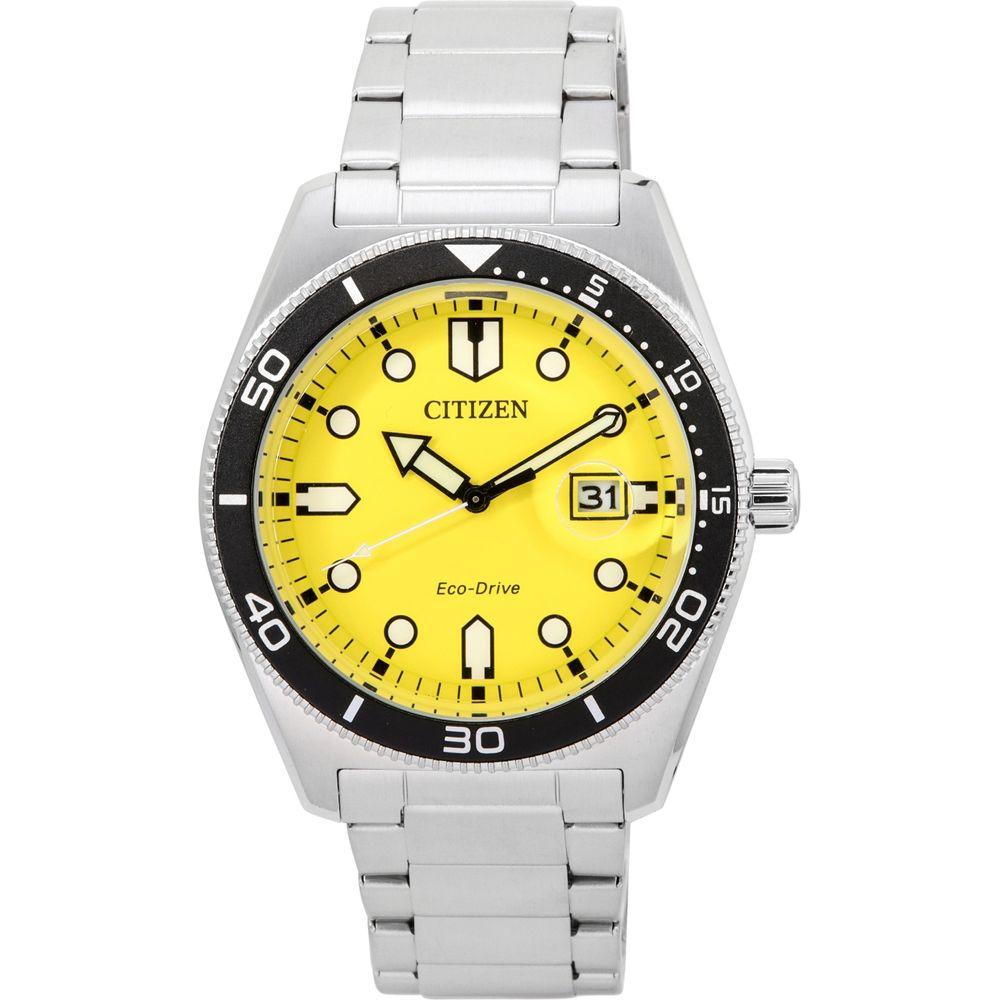 Formal Stainless Steel Eco-Drive Men's Watch - Model XYZ123, Yellow Dial