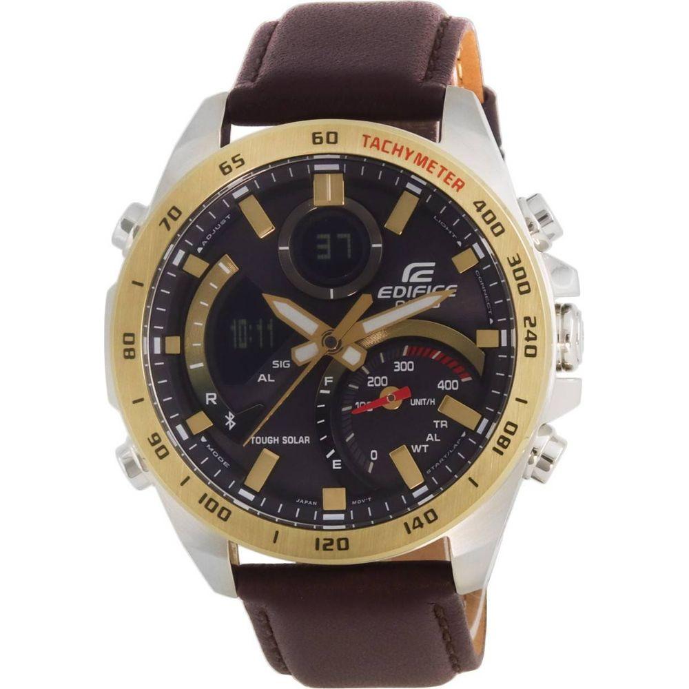Casio Edifice Solar-Powered Analog Digital Men's Watch EDF-450SBD-1A, Dark Brown Leather Strap