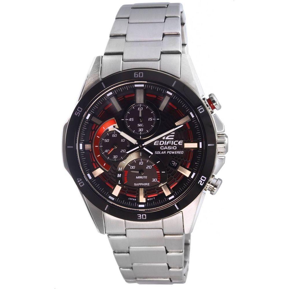 Formal tone:
Introducing the Solaris Men's Solar-Powered Stainless Steel Chronograph Watch, Model SSM-200, in Black and Red