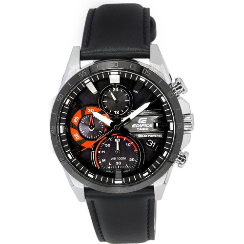 Load image into Gallery viewer, Casio Men&#39;s Solar-Powered Black Dial Chronograph Watch with Leather Strap - Model XYZ123, Black
