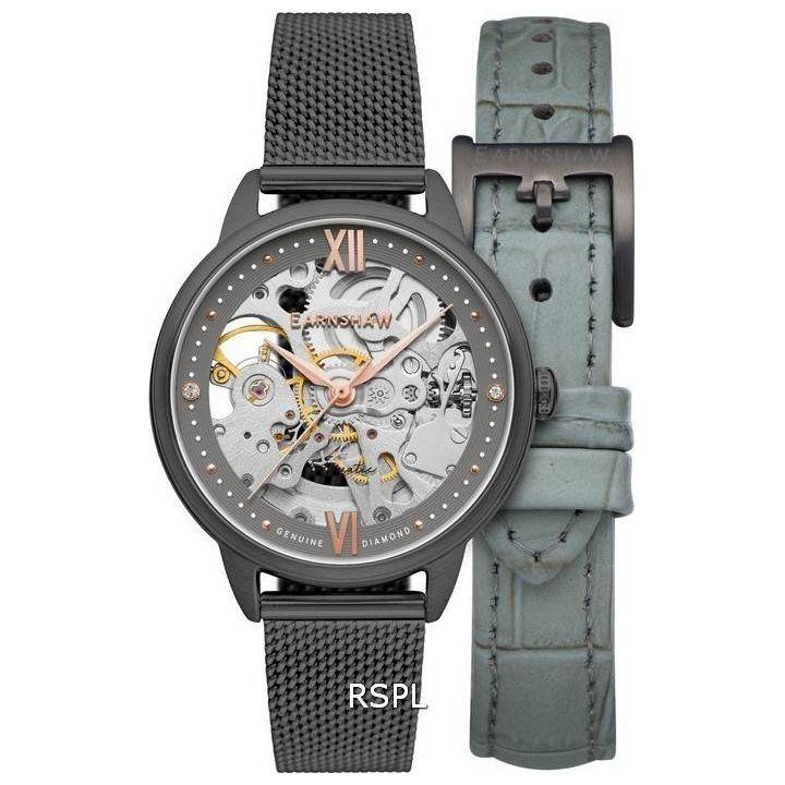 Thomas Earnshaw Anning ES-8154-07 Women's Diamond Accents Skeleton Dial Automatic Watch Strap Replacement - Stainless Steel Smoke Mesh Bracelet - Silver