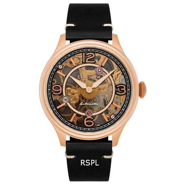 Introducing the Thomas Earnshaw Baron ES-8231-03 Men's Rose Gold Skeleton Dial Automatic Watch with Genuine Leather Strap: Elegant Rose Gold Skeleton Dial Watch with Interchangeable Genuine Leather Band in Rich Brown for Men