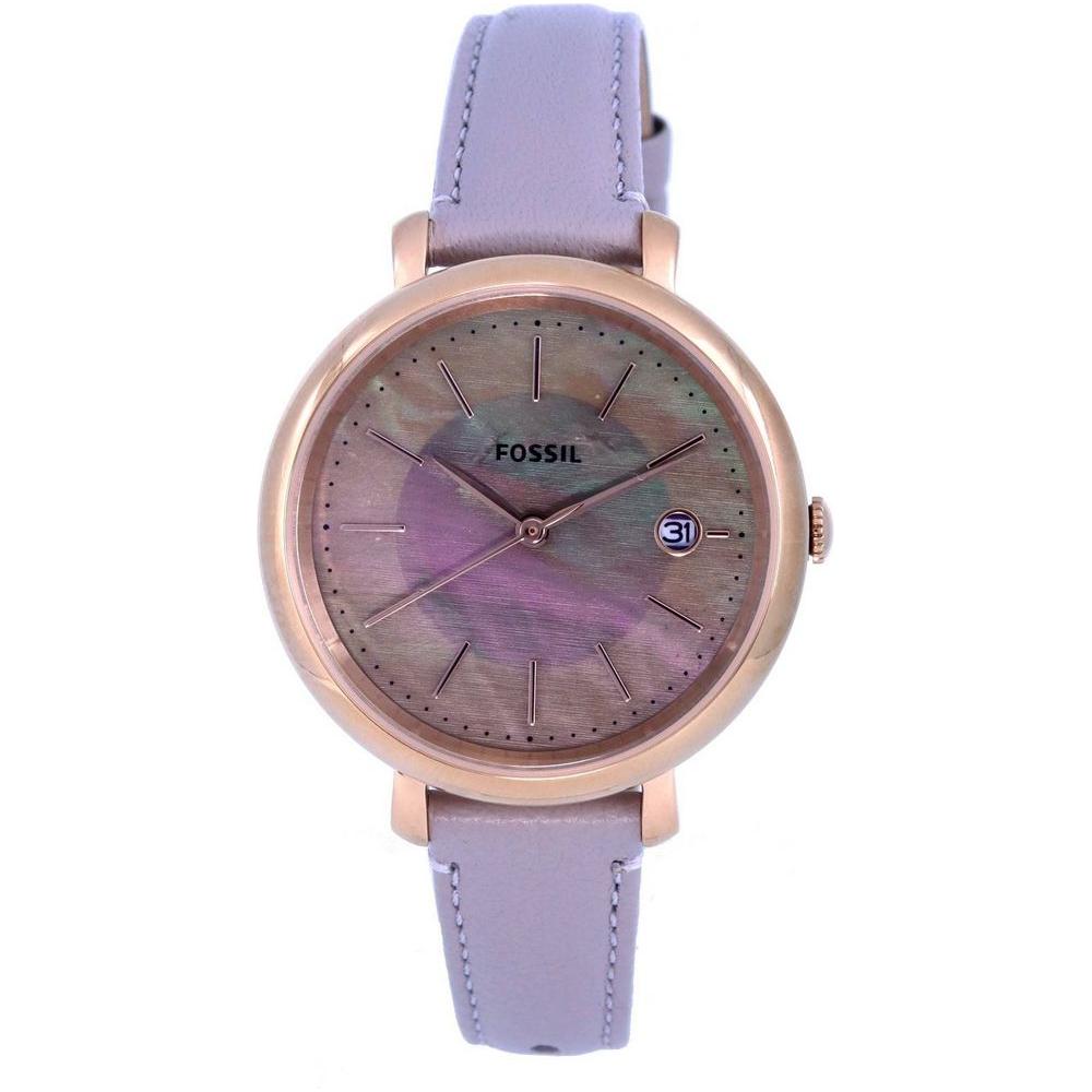Fossil Jacqueline ES5091 Women's Solar Grey Mother Of Pearl Dial Leather Strap Watch - Elegant Rose Gold Case with Solar-Powered Movement and Grey Mother of Pearl Dial
