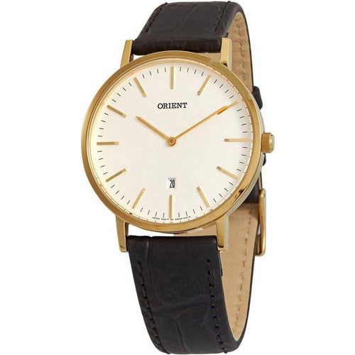 Load image into Gallery viewer, Orient Classic Leather Silver Dial Quartz FGW05003W0 Men&#39;s Watch in Gold Tone Stainless Steel Case
