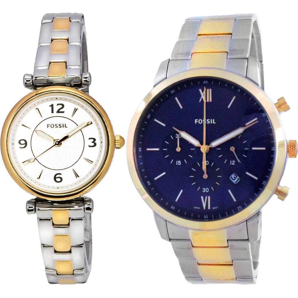 Fossil Neutra Chronograph FS5706 Men's Blue Dial Watch and Carlie ES5201 Women's Silver Dial Watch Combo Set
