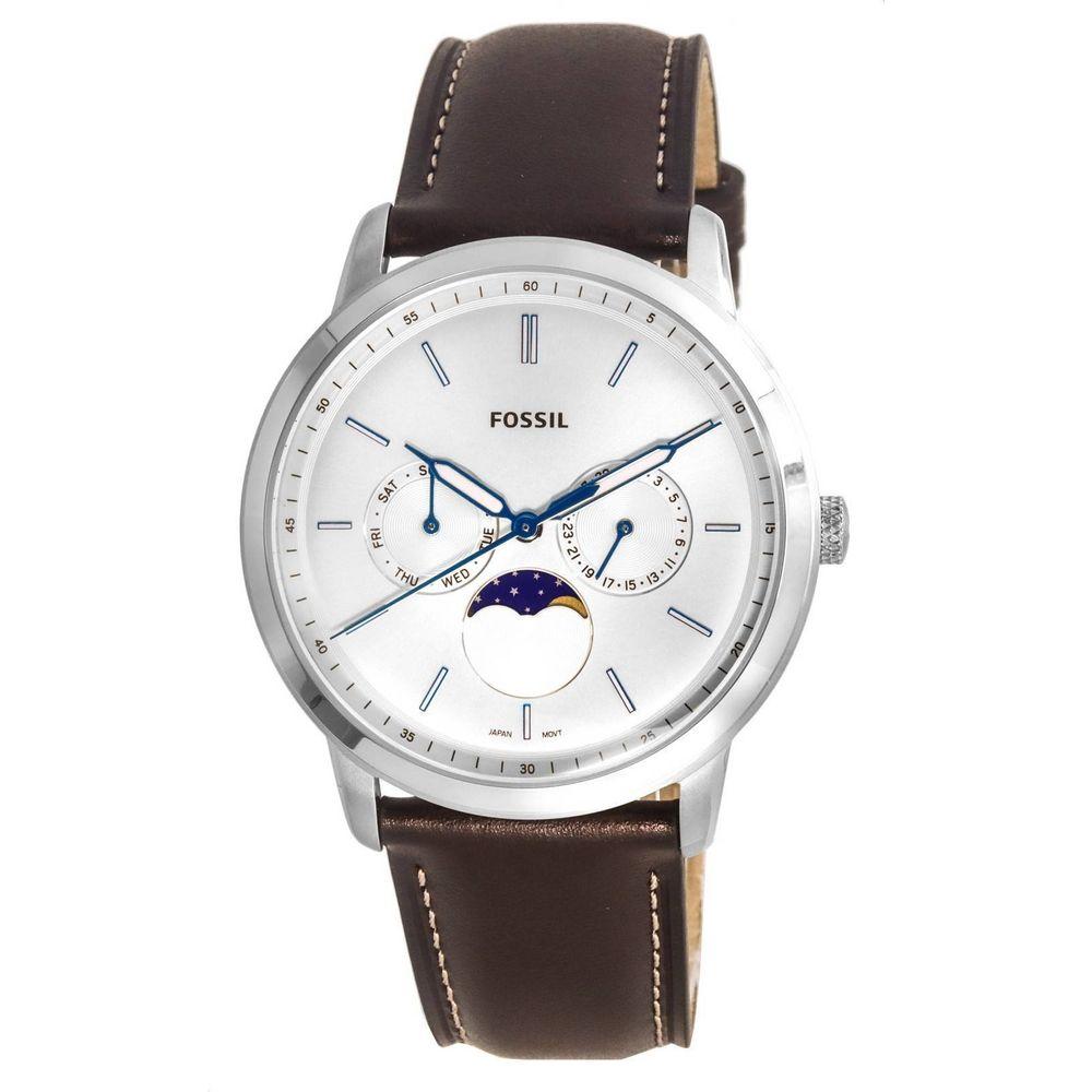 Fossil Neutra Minimalist Moonphase FS5905 Men's Silver Dial Quartz Leather Strap Watch - Genuine Leather Replacement Band in Silver for Men