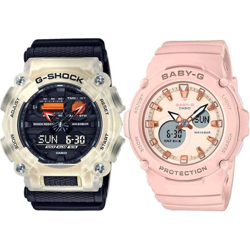 Load image into Gallery viewer, Casio Dynamic Duo: Men&#39;s GA-900TS-4A Tech Skeleton World Time Watch and Women&#39;s BGA-275-4A Misty Pink Watch Set
