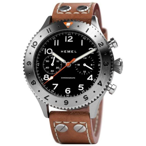 Load image into Gallery viewer, Hemel HFT20 Men&#39;s Chronograph GMT Bezel Matte Black Leather Strap Replacement
