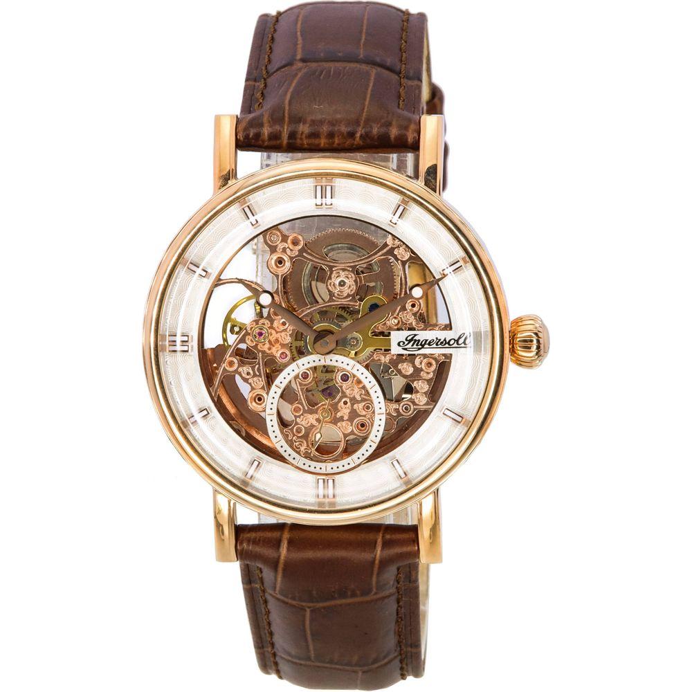 The Herald I00401B Men's Rose Gold Skeleton Dial Automatic Leather Strap Watch with Brown Leather Band