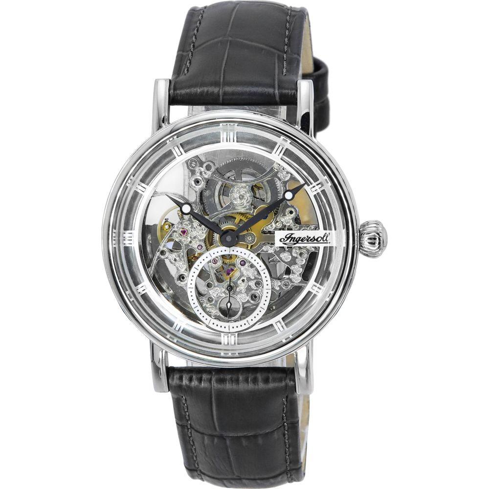 The Ingersoll The Herald I00402B Men's Silver Skeleton Dial Automatic Watch with Grey Leather Strap - Exquisite Timepiece with Striking Silver Skeleton Dial and Elegant Grey Leather Band