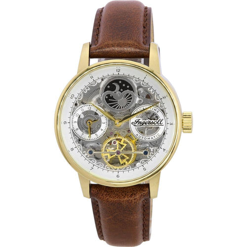 Load image into Gallery viewer, Ingersoll Jazz Moon Phase I07704 Men&#39;s Gold-Tone Leather Strap Skeleton Automatic Watch - Elegant Gold Leather Watch Strap Replacement for Men&#39;s Timepiece
