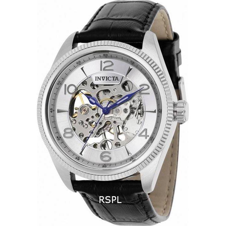 Invicta Vintage Leather Strap - Silver Stainless Steel Case with Luminous Hands and See Through Case Back (Men's)