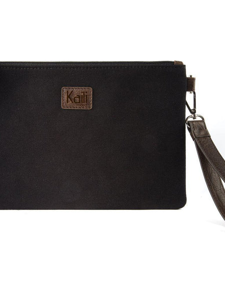 K0027AB | Busta da Polso in Canvas/Vera Pelle pieno fiore Volanata - Colore Nero/Testa Moro - Accessori Nickel lucido. Dimensioni: cm 25,5 x 17,5 x 1 - Confezione: Sacchetto Tnt-0
