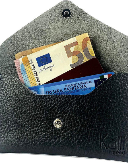 K0040AB | Bustina con pattina Made in Italy in Vera Pelle pieno fiore, grana dollaro - Colore Nero - Dimensioni: cm 13 x 8 x 0,5 - Confezione: Gift Box rigido fondo/coperchio-0