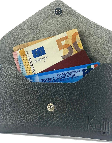 K0040FB | Bustina con pattina Made in Italy in Vera Pelle pieno fiore, grana dollaro - Colore Grigio - Dimensioni: cm 13 x 8 x 0,5 - Confezione: Gift Box rigido fondo/coperchio-0