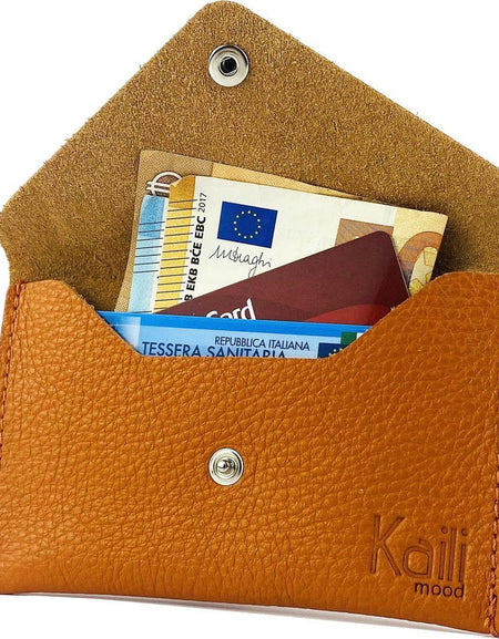 K0040LB | Bustina con pattina Made in Italy in Vera Pelle pieno fiore, grana dollaro - Colore Arancione - Dimensioni: cm 13 x 8 x 0,5 - Confezione: Gift Box rigido fondo/coperchio-0