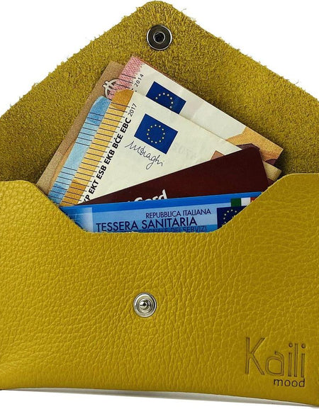K0040RB | Bustina con pattina Made in Italy in Vera Pelle pieno fiore, grana dollaro - Colore Giallo - Dimensioni: cm 13 x 8 x 0,5 - Confezione: Gift Box rigido fondo/coperchio-0