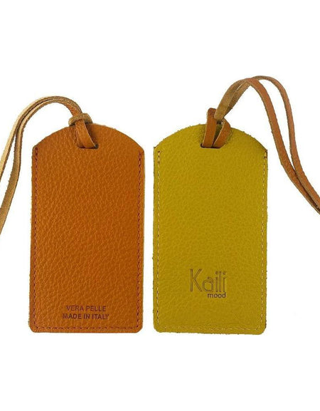 K0041LRB | Targhetta bagaglio Bicolore Made in Italy in Vera Pelle pieno fiore, grana dollaro - Colore Arancione/Giallo - Dimensioni: cm 6,5 x 12 - Confezione: Gift Box rigido fondo/coperchio-0