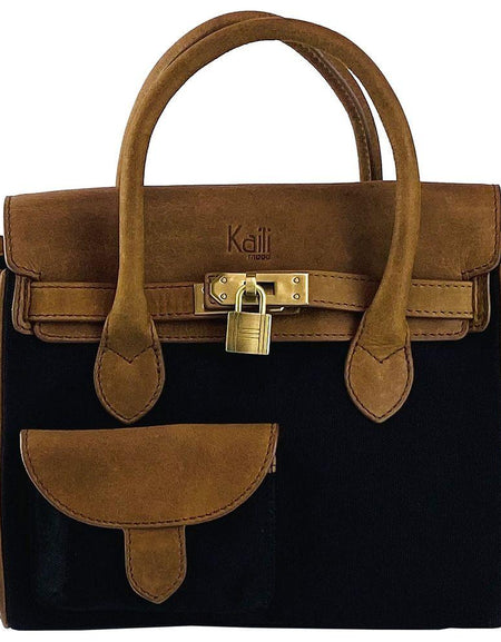 K0042ACB | Borsa a Mano Mini in Canvas/Vera Pelle Made in Italy. Tracolla removibile. Attacchi con moschettoni in metallo Ottone Anticato - Colore Nero - Dimensioni: cm 24 x 20 x 12-1
