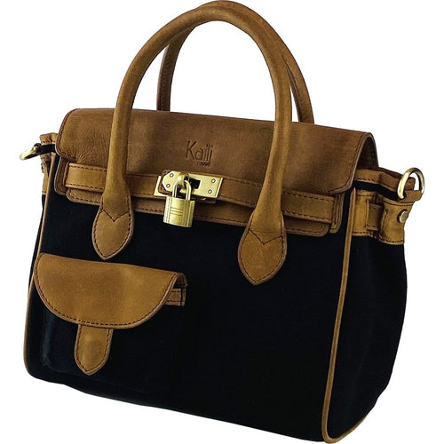 Load image into Gallery viewer, K0042ACB | Borsa a Mano Mini in Canvas/Vera Pelle Made in Italy. Tracolla removibile. Attacchi con moschettoni in metallo Ottone Anticato - Colore Nero - Dimensioni: cm 24 x 20 x 12-3
